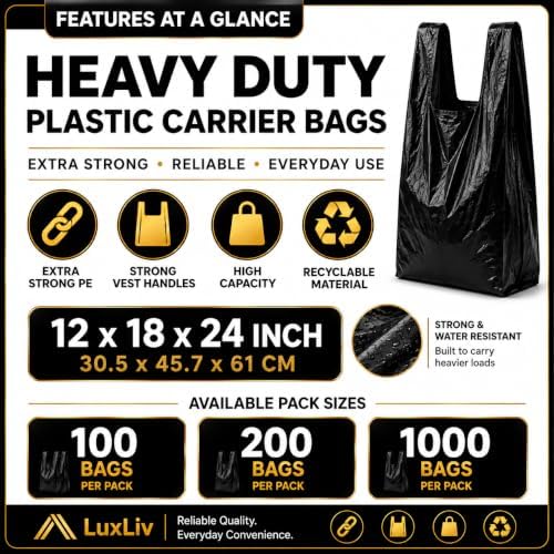Heavy Duty Black Plastic Shopping Bags with Handles, T-Shirt Grocery Carrier, 12 x 18 x 24 Inch, HDPE for Retail, Convenience Stores and Takeout, 200 Count