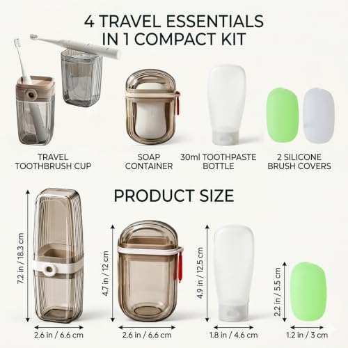 Toothbrush Travel Case Kit 6 in 1 Toothbrush Holder and Rinse Cup TSA Approved Portable Toiletry Organizer for Business Trip Traveling Gym Camping,Includes 2 Cups, Soap Case & 2 Brush Covers