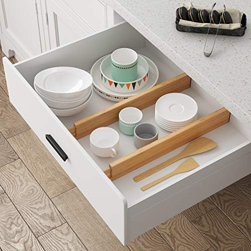 BAMEOS Bamboo Expandable Drawer Dividers – Fits 16.6"–22" Drawers, 2" High, Set of 4 | Spring-Loaded Bamboo Separator for Kitchen Island, Bathroom Vanity & Dresser Drawers