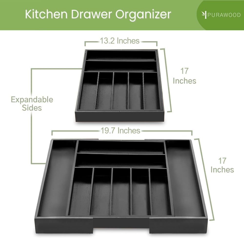 Purawood Bamboo Drawer Organizer - Expandable Silverware Organizer & Utensil Organizer, Cutlery Tray with Dividers, 7-9 Slots - Premium Kitchen Drawer Organizer for Utensils & Flatware (Black)