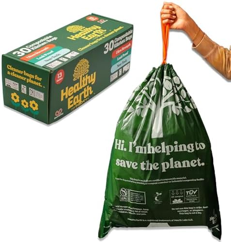 Healthy Earth 13 Gallon Compostable Drawstring Trash Bags, 1.13 Mil Extra Thick Tall Kitchen Liners (49.2 L), Heavy Duty Leak-Proof Food Scrap Bags, BPI & TÜV OK Compost Certified, 30 Count