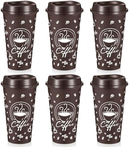 6 Sets Reusable Coffee Cups with Lids, 16oz, Brown
