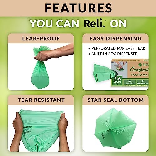 Reli. Compost Bags 2.6 Gallon (150 Count) | ASTM D6400 Certified