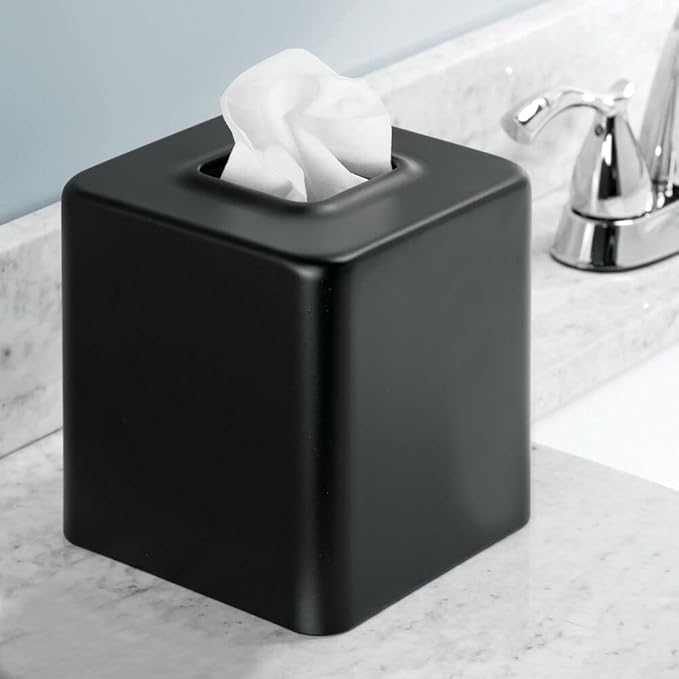 mDesign Tissue Box — Decorative Tissue Box Holder for Bedrooms, Bathrooms and More — Square Tissue Box Cover for Facial and Cosmetic Tissues — Black