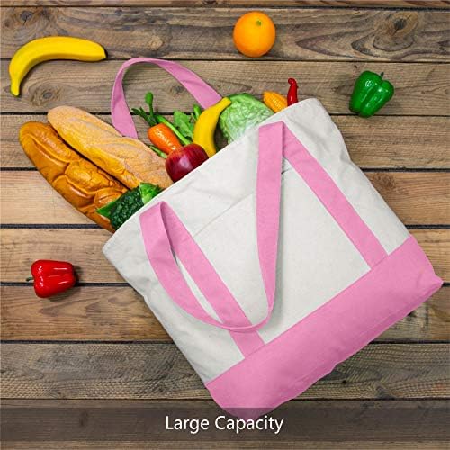TOPDesign 30-Pack Canvas Tote Bags with an External Pocket, Reusable Grocery Shopping Bags, Top Zipper Closure, Daily Essentials (Pink/Natural)