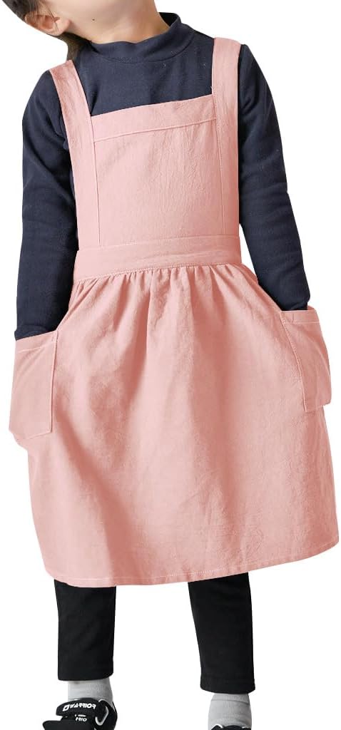 OBEEII Kids Aprons for Cooking Cotton Linen Children Baking Kitchen Gardening Painting Apron Pinafore Dress with Pockets