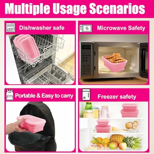 4 Pack Collapsible Silicone Food Storage Containers with Lids, Pink