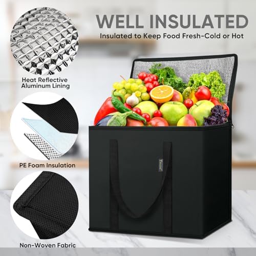 BALEINE 2Pk Insulated Reusable Grocery Bags, Collapsible Cooler Bag for Groceries, Heavy Duty Large Insulated Bag (16''x9''x13'', Charcoal Black) (Pack of 10)