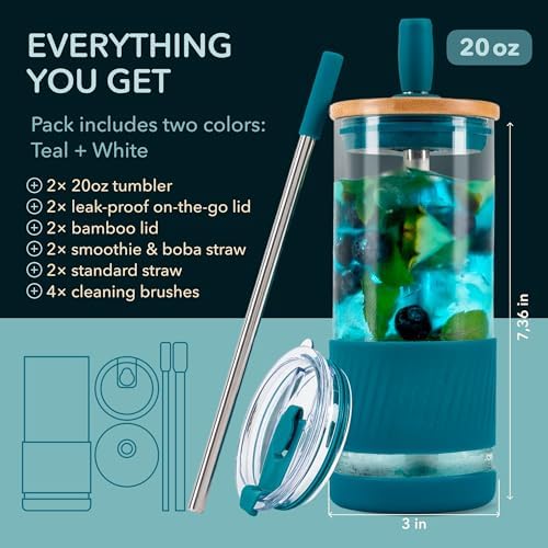 Pandaloo® Glass Cups With Lids and Straws -20 Fl Oz- Perfect Size Iced Coffee Cup - Smoothie Cup With Bamboo Lid and On the go Lid - Glass Tumbler (2 Count (Pack of 1), Coton White-Intense Teal)