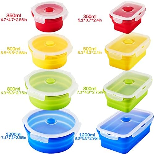 Zopeal 8 Pcs Collapsible Food Storage Containers Foldable Silicone Lunch Containers with Lids 4 Silicone Rectangle Collapsible Bowls and 4 Round Food Bowls Microwave Freezer Dishwasher Safe (Colorful)
