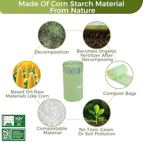 13 Gallon Compostable Trash Bags with Drawstring, Heavy Duty Extra Thick 1 Mil, 49.21 Liter, 30 Bags, Tall Kitchen Food Scrap Waste Bag, ASTM D6400, US BPI and OK Compost Home Certified
