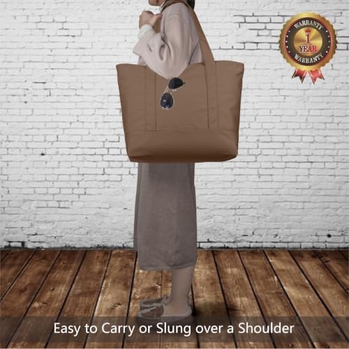 TOPDesign 6-Pack Canvas Tote Bags with an External Pocket, Reusable Grocery Shopping Bags, Top Zipper Closure, Daily Essentials (Brown)