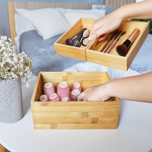 HOMESTEAD 3-Piece Stackable Bamboo Storage Box, Large Storage Bin, Wooden Boxes for Makeup Drawer Organizer Bathroom, Office Supplies, Kitchen Utensils, Bamboo Storage Containers (Medium)