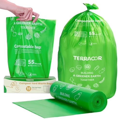55-60 Gallon Compostable Trash Bags Liners, Heavy Duty Extra Thick 1.57 Mil, 208.2 Liter, 12 Bags, Lawn, Yard, and Restaurant Use, ASTM D6400, US BPI Certified