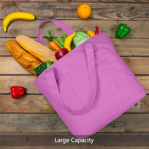 TOPDesign 1-Pack Canvas Tote Bag with an External Pocket, Reusable Grocery Shopping Bag, Top Zipper Closure, Daily Essentials (Light Purple)