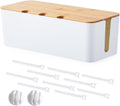 Cable Management Box, Cord Cable Organizer Box with Bamboo Lid, Under Desk Cable Management with 10 Cable Ties and 2 Cable Clip Holders for TV Router Computer USB Hub White