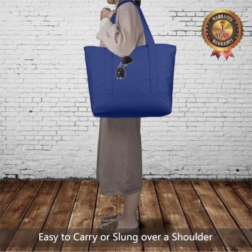 TOPDesign 30-Pack Canvas Tote Bags with an External Pocket, Reusable Grocery Shopping Bags, Top Zipper Closure, Daily Essentials (Blue)