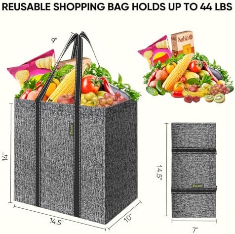 BALEINE 4 PK Grocery Bags Reusable Shopping Bags with Reinforced Bottom, Heavy Duty Foldable Tote Bags (Grey)