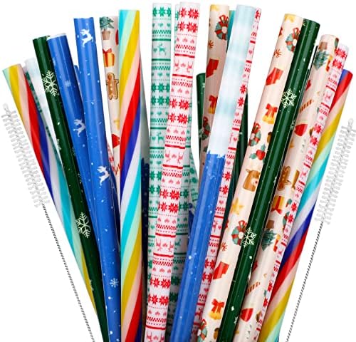 JANYUN 40 Pieces Christmas Straws, BPA-Free 9" Printing Hard Platic Xmas Reusable Drinking Straws for Family or Party Favors Supplies Cleaning Brush Included