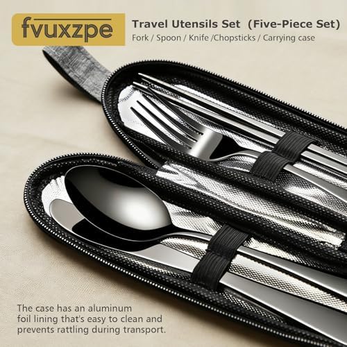 Matte Black 5-Piece Stainless Steel Travel Utensil Set with Waterproof Case, Reusable Portable Flatware Includes Knife, Fork, Spoon, Chopsticks for Camping, Office, Picnic & Daily Use