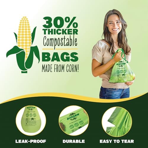 2.6-3 Gallon Compostable Trash Bags Drawstring 50 Bags Extra Thick 1 Mil 11.36 Liter Small Biodegradable Trash Bags for Kitchen Countertop Bin ASTM D6400, US BPI and OK Compost Home Certified