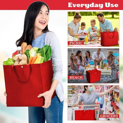 Zhehao 60 Pcs Reusable Grocery Bags Bulk Large Foldable Shopping Tote Bags Non Woven with Handle and Plastic Button(Red)