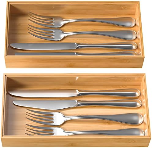VeyFey Silverware Tray for Drawer, Stackable Kitchen Bamboo Drawer Organizer 12" x 6" x 2" Set of 2