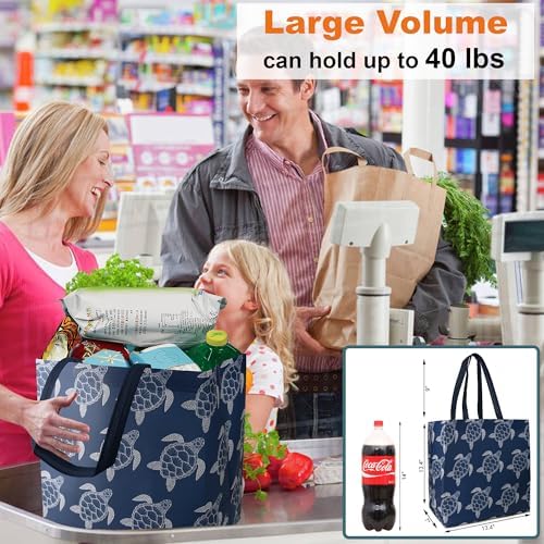 BeeGreen Sea Turtle Reusable Shopping Bags For Groceries 6 Pack- Large Foldable Tote Bags- Strong Handles for Heavy Groceries, Perfect for Supermarket, Farmers Market, and Storage Organization