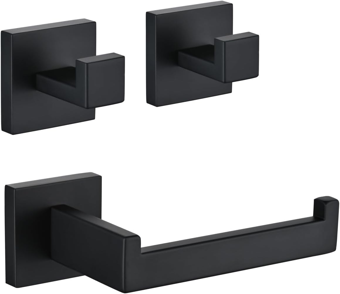 3PCS Bathroom Hardware Set, Matte Black Toilet Paper Holder, 2 Square Towel Robe Hooks, SUS 304 Stainless Steel, Wall Mounted, Modern, Rust‑Resistant (Black)