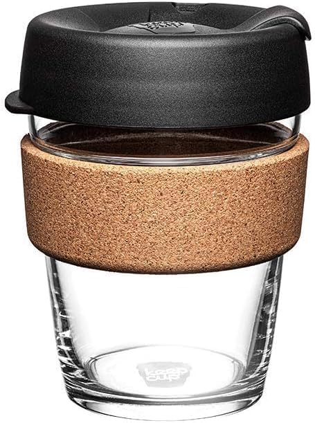 KeepCup Brew Cork - Reusable Coffee Cup Tempered Glass and Natural Cork, M 12oz/340ml - Black (Pack of 10)