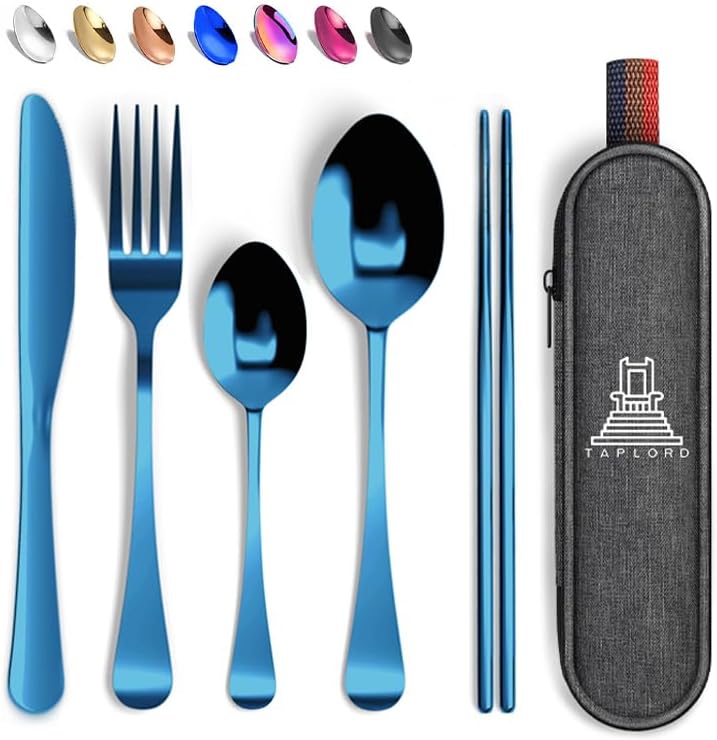 Taplord Portable Travel Silverware Set With Case, Includes 5 Pcs of Travel Utensils With Case, Stainless Steel Flatware Set For Camping, Easy to Travel, Lightweight (Blue)