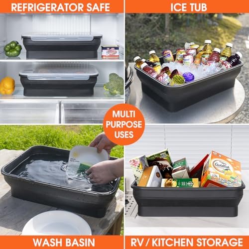 Silicone Collapsible Marinating Container with Lid for Meat, 2.64Gal/10L, 2 Pack Extra Large Collapsible BBQ Prep Tub, Transparent Locking Lid, XL Grill Prep Trays & Carry System, BBQ Must-Have, Black