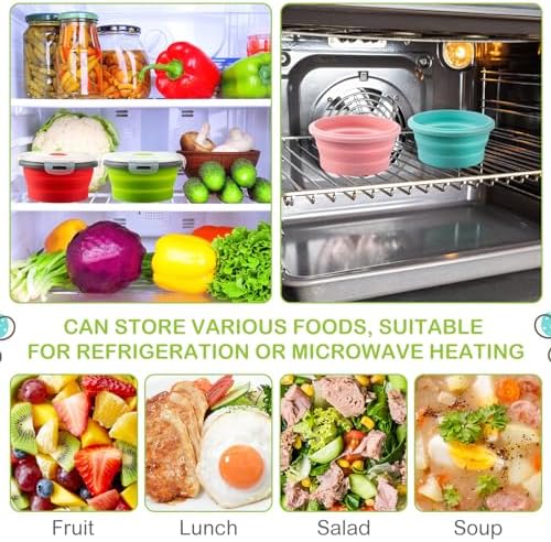 Suclain 4 Pcs Collapsible Bowls with Lids Silicone Camping Food Storage Container Expandable Folding Salad Lunch Box Travel Container for Hiking Camping