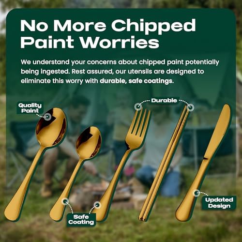 Taplord Portable Travel Silverware Set With Case, Includes 5 Pcs of Travel Utensils With Case, Stainless Steel Flatware Set For Camping, Easy to Travel, Lightweight (Gold)