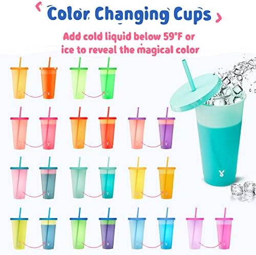 Meoky Plastic Color Changing Cups - 12 Pack 24 oz, Reusable with Lids and Straws for Adults, Kids, Parties, Cute Cold Cups for Iced Coffee