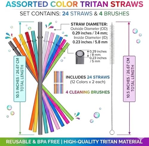 ALINK 24 Pcs Reusable Straws, 10.5 Inch Long Tritan Hard Plastic Straws with 4 Brushes, 12 Colors Clear Repacement Straw for 30oz 20oz 16oz Tumbers, Stanley, Starbucks, YETI, Mason Jars, BPA Free