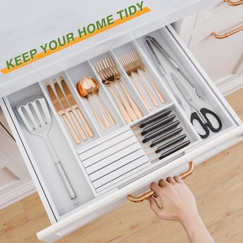 Bamboo Kitchen Silverware Drawer Organizer - Expandable Wood Utensil Holder with Dividers, Luxury Cutlery Storage Tray for Kitchen Utensil and Flatware (5-7 Slots with Removable Knife Block, (White)