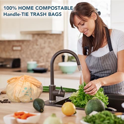 1.6 Gallon Compostable Handle Tie Garbage Bags, Small Trash Bags for Countertop Bin, Extra Thick 0.78 Mils, Certified US BPI ASTM D6400, 6 Liter, 50 Count