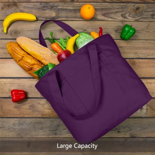 TOPDesign 6-Pack Canvas Tote Bags with an External Pocket, Reusable Grocery Shopping Bags, Top Zipper Closure, Daily Essentials (Purple)