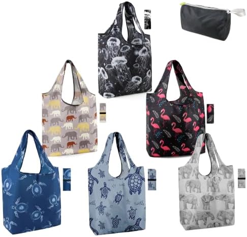 BeeGreen Turtle Reusable Grocery Bags Frog Elephant Flamingo Jellyfish Shopping Bags Bulk 50LBS X-Large Heavy Duty 6 Pieces