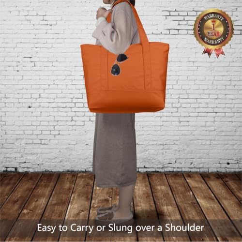 TOPDesign 6-Pack Canvas Tote Bags with an External Pocket, Reusable Grocery Shopping Bags, Top Zipper Closure, Daily Essentials (Orange)