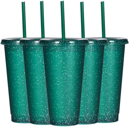 Suertestarry Tumbler with Straw and Lid,Water Bottle Iced Coffee Travel Mug Cup,Reusable Plastic Cups,Perfect for Parties,Birthdays,24oz-5 Pack (Dark Green, 5pack)