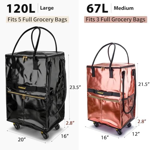 PASMAN Reusable Foldable Rolling Grocery Bag on 5 Wheels,Medium, Rose Gold