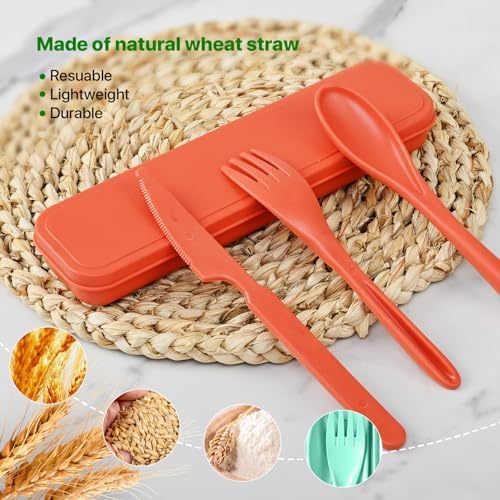 Travel Utensils Set with Case, 8 Sets Camping Utensils Reusable Wheat Straw Utensils Set With Case, Knife Spoon and Fork Set for Lunch Box