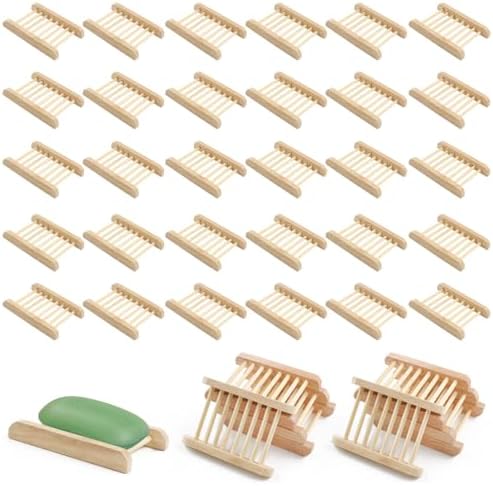 30 Pack Bamboo Soap Holders Wooden Soap Dishes, Self Draining Soap Dishes Bar Soap Holder Tray Wooden Soap Savers, Hand Craft Wood Soap Tray for Bathroom, Shower, Kitchen(Wood Color)