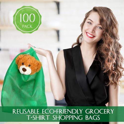 Windyun Large Grocery T-shirt Bags Bulk Reusable Non Woven Shopping Bag Foldable Gift Tote with Handle, 20.5x11x5.5 Inch