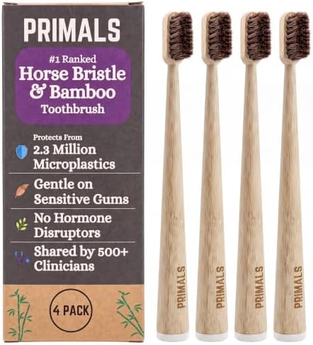 PRIMALS Horse Bristle & Bamboo Toothbrush (4-Pack) - Luxurious & Soft Horse Bristles - Fully Biodegradable - Plastic & Nylon Free - Quick Dry Design