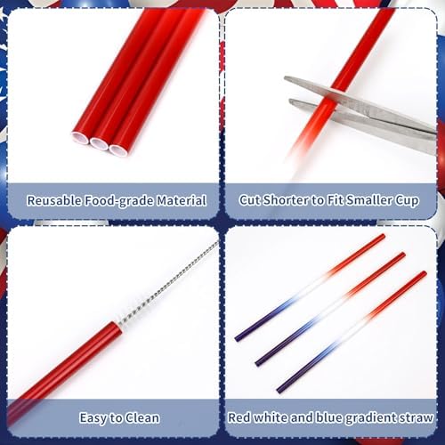 JANYUN 30 Pcs 4th of July Straws, Reusable Plastic Patriotic Straw