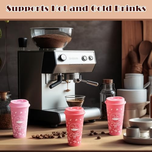 12 Sets Reusable Coffee Cups with Lids, 16oz, Pink Series