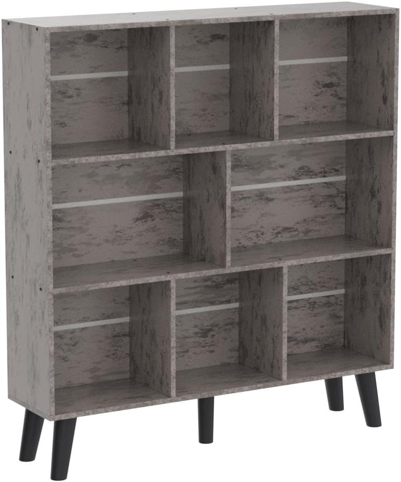LEYAOYAO 8 Cube Bookshelf,3 Tier Bookcase with Legs,Modern Grey Mid-Century Bookshelves,Large Farmhouse Open Storage Organizer Shelf, Retro Wooden Display Book Case for Bedroom,Living Room,Office
